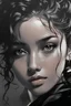 Placeholder: Portrait of a young woman with a medium-sized black horn, short black wavy hair, gray eyes, with a tanned skin complexion in Yoji Shinkawa style, with black and white colors.