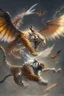 Placeholder: A flying tiger with wings is fighting with a dragon.