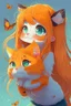 Placeholder: very cute anime pixar cat with long orange hair catching a butterfly