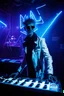 Placeholder: French cool synth player, he is called "Jean-Maurice Brûlée" performing at dance club, his name is "Jean-Maurice Brûlée" , white and blue Neon lights and smog, and "URANIUM" big sign on the wall, he is playing on synthesizers on stage with lot of laser beams and wearing black sunglasses, an earth is projected in background