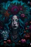 Placeholder: dark moody art with purple teals, blacks deep purples fat white woman with dreadlocks portrait, pomegranate tree in background roses with broken open pomegranate in front, snake, frog wolf flower black beads headdress, hyper realistic maximalist concept art