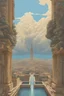 Placeholder: François Schuiten, lebbeus woods, Mysterious, strange, surreal, bizarre, fantasy, Sci-fi, Japanese anime, Roman ruins, statue made of various types of three-dimensional assemblages, blue sky and thunderclouds, detailed masterpiece bird’s eye view wide angles