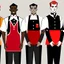 Placeholder: Three black waiters with red and black uniforms in hall