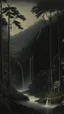 Placeholder: A black jungle with waterfalls painted by Caspar David Friedrich
