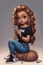 Placeholder: Create a pop punk image of a black chibi curvy female sitting on the floor looking at her cell phone. She is wearing tight blue jeans and a black off the shoulder blouse. Prominent make up with lush lashes. Highly detailed wavy ombre blonde and brown long hair. She is also wearing silver large hoop earrings