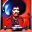 Placeholder: a realistic portrait of Jimi Hendrix at a turntable with headphones on being a DJ, vivid color