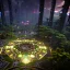 Placeholder: top view a open top huge library in forest with mystic fireflies around trees that have wide leaves and broad trunked at night with moonlight.