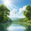 Placeholder: Jesus on his cross in a A peaceful landscape with a calm river or lake reflecting the blue sky and scattered white clouds, surrounded by lush green forest on both sides. The scene is natural, untouched, and serene. Daytime setting with soft, natural lighting and clear weather