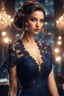 Placeholder: full body Office women, gorgeous, glamours, ,clean face, showing in 4k format, intricate work of magical art, movie poster, full body, dark blue lace dress, in cg society trends, complex, very detailed bright, staged rendering of the character, super high quality model, beautiful face, background in style bokeh