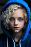 Placeholder: Girl with white short curly hair, blue eyes and black hoodie