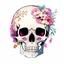 Placeholder: a human skull with flowers around and between its bones, no background color, anime style, front view, semi realistic