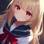 Placeholder: Clear focus,High resolution, Blonde long fluffy hair, long bangs, and red eyes, Depressed girl, wearing a sailor uniform, frowning, red bow, Extreme Close up