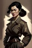 Placeholder: female, asian,fighter, british clothing 1940s, dark hair, stirn look, modern artstyle