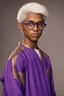 Placeholder: A sixteen-year-old boy, mulatto, white straight hair and blue eyes, with round glases, dressed in a purple and gold tunic.