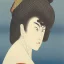 Placeholder: portrait of a woman with sparkling brown eyes and dark hair in the style of Katsushika Hokusai and René Magritte