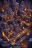 Placeholder: Minecraft voxel styling, large bustling underground dwarven city, buildings recessed into walls of caverns, the cavern has multiple layers and exposure to the surface, steampunk machines and steampunk-inspired architecture, copper and lilac magic logs building materials, industrial piping and scaffolding, bridges suspended connecting buildings, train tracks and train station on lower level of cavern