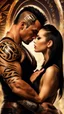 Placeholder: Jason david frank muscular male with short dark hair and tribal tattoos whispering in young blond woman's ear. Dark fantasy