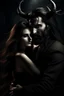 Placeholder: Beard, dark hair, demon prince, horns, handsome, mysterious, gentle, embracing a beautiful woman with long dark hair