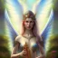 Placeholder: water color and spray painting fantasy art, portrait elven angel,holding harp, standing in portal to wet forest world from desert world with camels,poetry book illustration