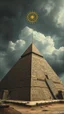Placeholder: Synthography Art in Bocsh painting style nightmare of The Pyramid shape building with visual details of thousands of old Egyptian mechanical and heliographic components and symbols textures with gray clouds stormy weather in the background