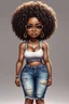 Placeholder: Create a oil painting chibi image of a black female with shoulder length tightly curl afro, black silky and brown eyes. Long eye lashes wearing a torn jeans and tank top with diamond studded "pretty" on the front, sandals , plus size body style. Diamond studded glasses and hoop earrings forward facing, 2k, white background