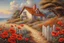 Placeholder: painting depicting a picturesque, richly detailed location, similar to the work of masters such as Josephine Wall or Tomasz Alen Kopera. A cozy, quaint white cottage with a gray shingled roof nestled among sandy dunes. A wooden fence encloses a charming garden blooming with colorful flowers like red poppies and white daisies in front of the house. The property features two gable-fronted dormers with windows, complementing white-framed windows adorned with lace curtains, and a sky-blue front door