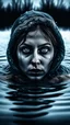 Placeholder: A woman with an evil face, a face of horror, water, winter, frozen lake, darkness.