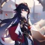 Placeholder: Clear focus, high resolution, black long fluffy hair, red eyes, wearing a genshin outfit