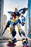 Placeholder: Full body Photography A picture cyber mechines Gundam,with surface coated chrome polished details, city background