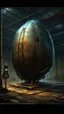 Placeholder: in the back lot of a warehouse, sci fi big stasis capsule for a human, unique, oblong, fantasy art, painting, the beast holding the scale of justice