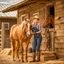 Placeholder: Beautiful blonde female farmer on a horse farm in Texas wearing tight denim overalls and wearing cowboy boots holding a horse's front leg and shoeing a hoof, surrounded by a wooden fence yard and bales of hay and hay, in the background of a typical ranch house