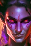 Placeholder: purple skin, glowing fiery eyes, smirk