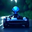 Placeholder: Magnetic blue cartoon alien driving a shiny black open sports car on a a senic road in aeizona, character portrait by Mike Winkleman, featured in cgsociety, pop surrealism, rendered in cinema4d, daz3d, behance hd