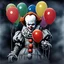 Placeholder: 150mm Cinematic intricate photograph, Pennywise the clown from IT movie, big head, (an evil bloodthirsty grin on face), ((sharp teeth)), standing, partially surrounded by balloons, creepy light and atmosphere of horror and fear around, highest details, Nima Neemz Nakhshab movie poster