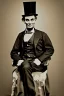 Placeholder: Abraham Lincoln, cleanshaven sitting in a chair holding a top hat in a log cabin background vintage photography, beautiful, Tumblr aesthetic, retro vintage style, HD photography, hyperrealism