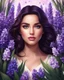 Placeholder: Medium view of a beautiful girl standing surrounded by full of hyacinth flowers, beautiful face, dark hair, shining eyes, digital painting style, high quality, 4k