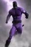 Placeholder: Kent Walker aka THE PHANTOM, Strong, athletic physique, action poses, skin-tight, formfitting purple bodysuit, skin-tight, formfitting purple cowl, black eye disguise, black utility belt, double holstered pistol belt, black knee-high boots, glowing white eyes, battle scars, blood, ((foggy, cloudy background, multicolored lightning, flowing lava, Full Eclipse, aliens, explosions, bright, vibrant, extremely colorful, detailed, blood red skies))