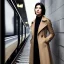 Placeholder: A beautiful slender young Asian woman with short black hair and a black trench coat, waiting for a man at night at a train station in London