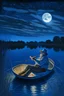 Placeholder: middle aged white man on a blue and white sit-on kayak playing the banjo on a lake under night sky with wheat in the foreground