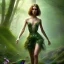 Placeholder: upper body of yohan diniz, fast walker, as a young cute feminine woman, short hair, green forest background, stream, mega flowers, tiny birds of many colors,peacock, sunlight, fireflies