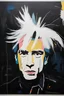 Placeholder: Create an abstract collage portrait of Andy Warhol in the style of basquiat and max Ernst, oil and acrylic painting, close-up, bizarre art, album cover art, whimsical, bold brush strokes, oil stick, (white crayon outlines), (black grunge background), colourful, graphic marker pen, (neo-expressionism),rich colour palette, pop art, abstract portrait, expressive lines, graffiti street art, cgsociety, detailed, impasto, acrylic paint splatter, focused, abstract art, vivid,