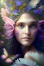 Placeholder: Belle fée, beau visage humain, grande aile lumineuse, jardin fleurie, réaliste,