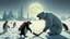 Placeholder: buster keaton as unstable polar growlar bear on the planet of Ceres, with some penguins with rocket backpacks playing hockey on ice field with astronauts, in front of ice megapolis
