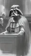 Placeholder: Darth Vader on trial, courtroom sketch, black and white