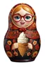 Placeholder: draw a Russian matryoshka doll in the style of Khokhloma, the matryoshka is smiling, the matryoshka has a smartphone in her hands, a frontal angle, a picture on a white background, the matryoshka is drawn entirely, a highly detailed 3d picture