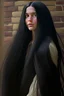 Placeholder: A twenty-year-old American girl with very long black hair, like Rapunzel