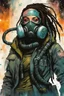 Placeholder: front facing full length portrait illustration of a grunge armored female , beaded dreadlock hair, cyberpunk vampire interstellar mercenary with gas mask, telecommunications headset, and shemagh, highly detailed with gritty post apocalyptic textures, caught in a cosmic maelstrom of swirling gases , finely detailed facial features and hair, in the graphic novel style of Bill Sienkiewicz, and Jean Giraud Moebius, ink wash and watercolor with realistic light and shadow