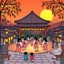 Placeholder: Design a book cover for "Cozy Japan Coloring Book" centered on an intimate Bon Odori celebration at dusk. A circle of yukata-clad dancers moves rhythmically around a raised yagura stage, softly illuminated by hanging lanterns and the golden glow of the setting sun. Behind them, silhouettes of traditional Japanese rooftops, gently swaying bamboo, and distant mountains add depth and serenity. Children chase fireflies along stone paths while elders watch fondly from benches. Illustration, soft wate