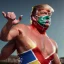 Placeholder: realistic image of donald trump as a mexican wrestling fighter posing outdoors, Mexican eyes wrestling mask, red and blue breeches, suspenders, retro style, 80s, vibrant color, highly detailed, sky background, concept art, unreal engine 5, god rays, ray tracing, RTX, lumen lighting, ultra detail, volumetric lighting, 3d, finely drawn, high definition, high resolution.