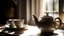 Placeholder: Black tea leaves steep in a white ceramic teapot. The teapot sits next to a matching cup and saucer on a counter. Sunbeams shine through a kitchen window, illuminating the steam. Highly detailed photograph with shallow depth of field.